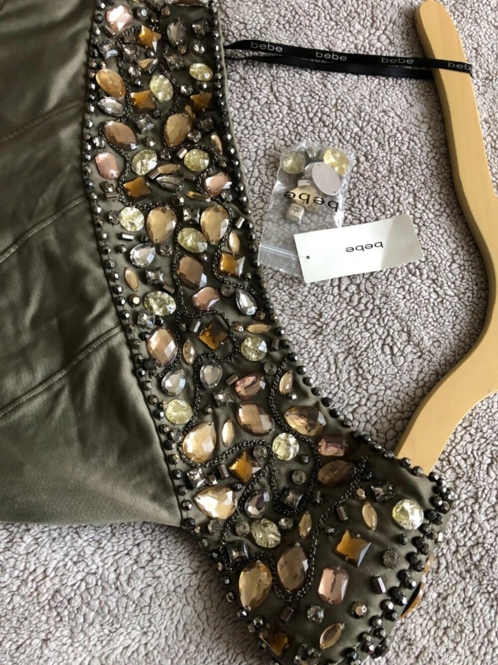 Y2K-Bebe Olive Green Dramatic Beaded w/Crystals 1 Shoulder - Picture 3 of 16